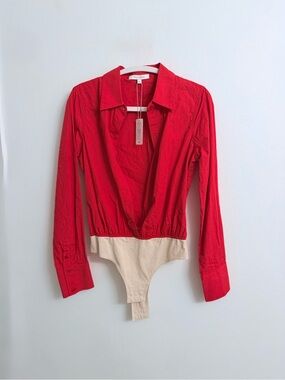 NWT Favorite Daughter Red Long-Sleeve Collared Bodysuit with Cream Panel